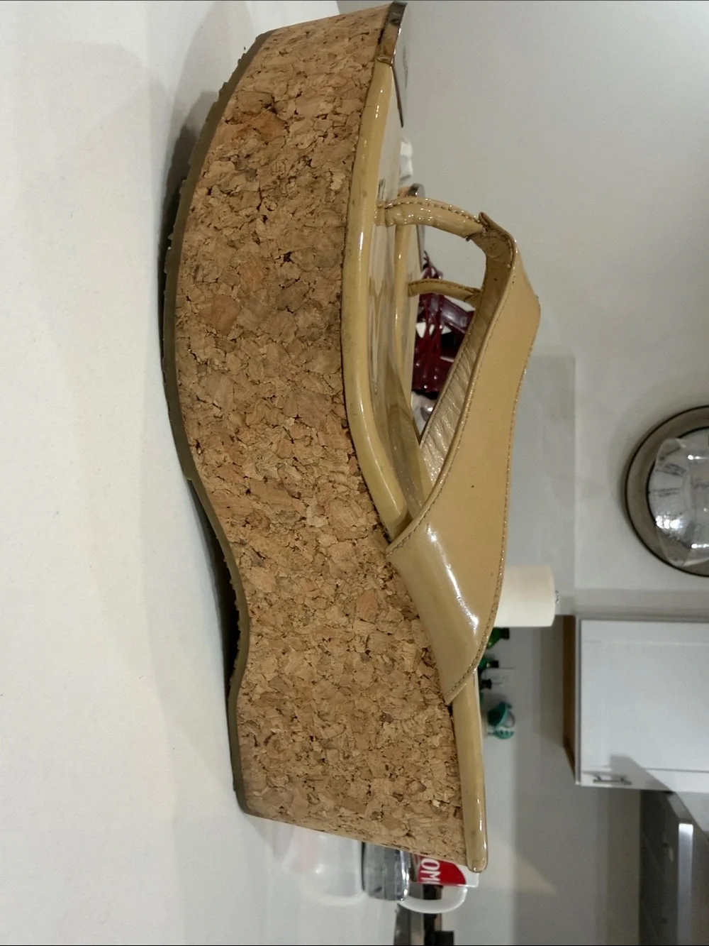 Jimmy Choo Nude Patent Cork Wedge Thongs